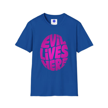 Evil Lives Here Halloween T-shirt, Spooky Retro Style, Mens