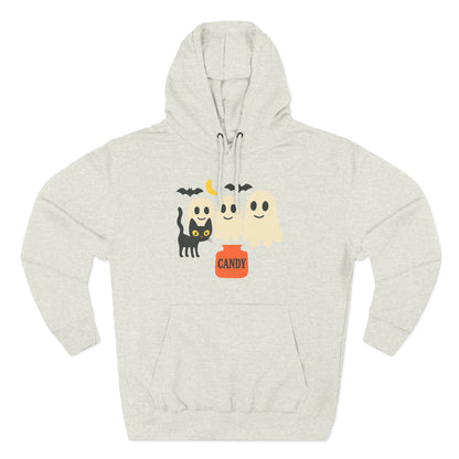Halloween Three-Panel Fleece Hoodie, Ghost Black Cat Long Sleeve Unisex, Scary Bat Costume Sweatshirt, Trick or Treat Candy Bucket Jacket,