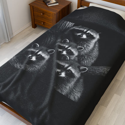 Black and White Raccoon Wall Art Print Four Curious Raccoons in Tree Wildlife Nature Home Decor Velveteen Plush Blanket