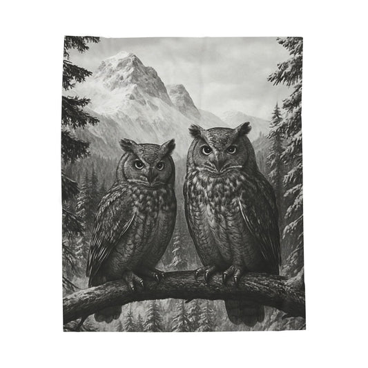 Rustic Owl Mountain Blanket Wildlife Cabin Decor, Cozy Forest Throw, Nature Inspired Bedding  Velveteen Plush Blanket
