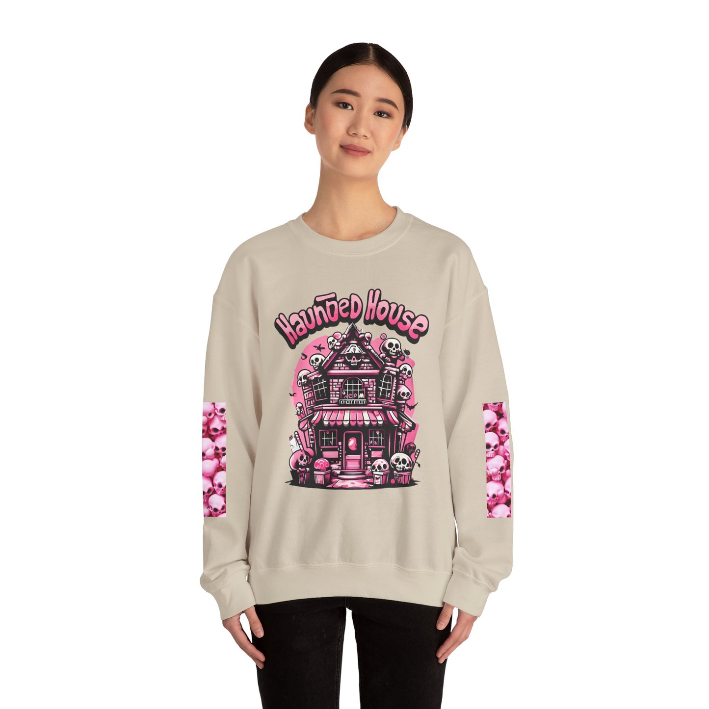 Haunted House Skull Sweatshirt Pink - Spooky Cute Pink & Black Aesthetic, Men, Women, Pink Skull,