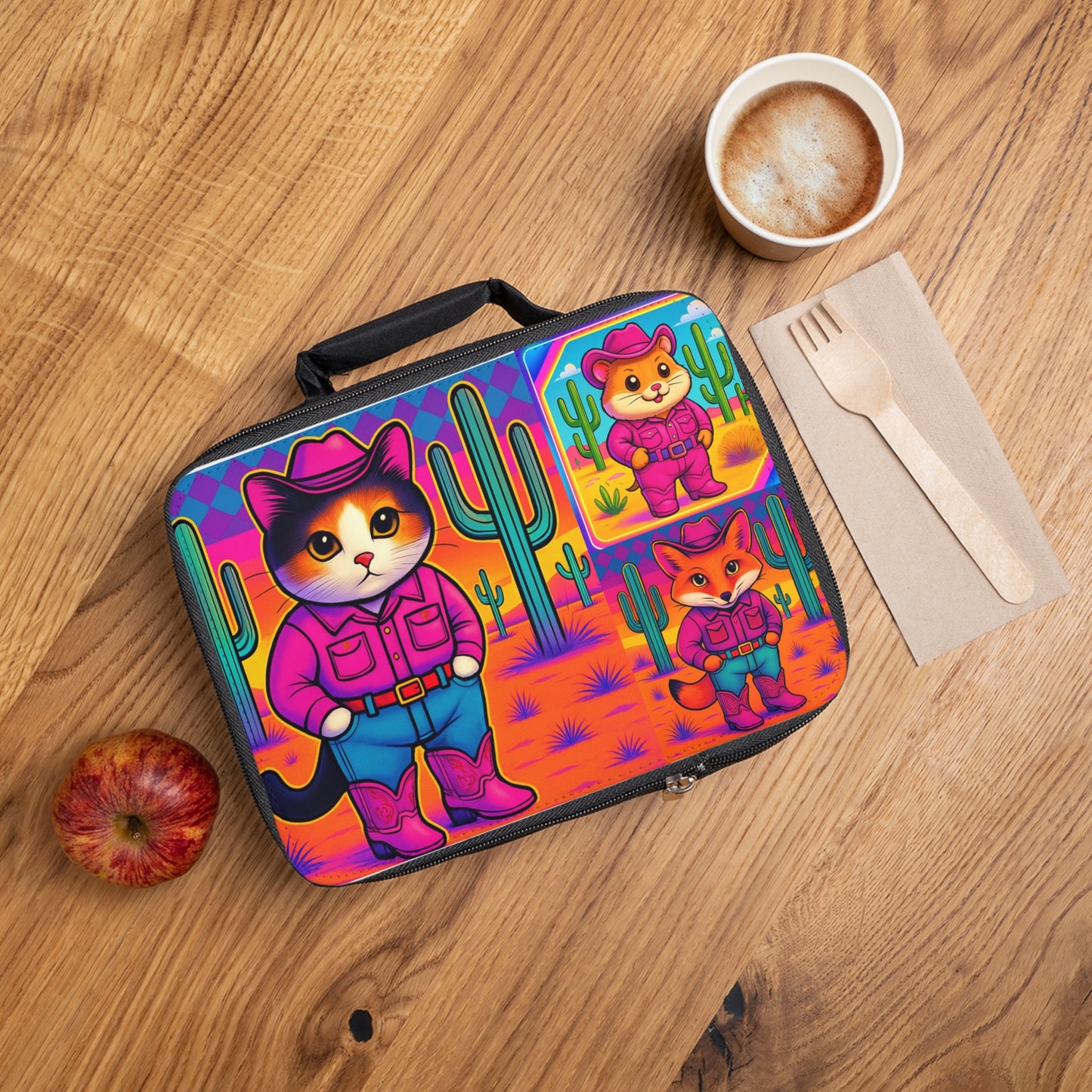 Whimsical Cowboy Cat Lunchbox Cute Calico Kitten Western School Bag for Kids & Adults Bag