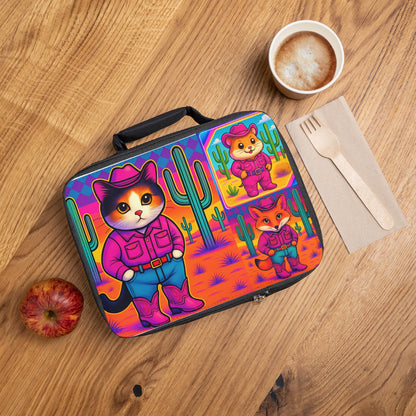 Whimsical Cowboy Cat Lunchbox Cute Calico Kitten Western School Bag for Kids & Adults Bag
