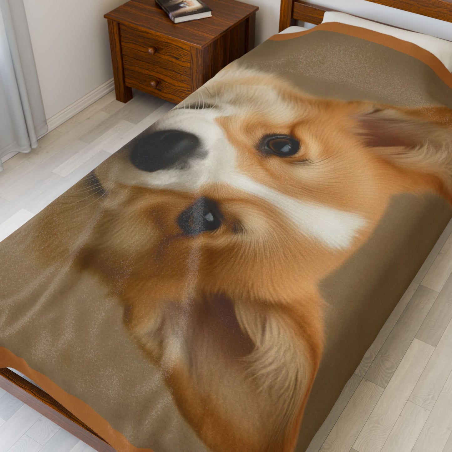Smiling Corgi Face Velveteen Plush Blanket | Dog Portrait Throw