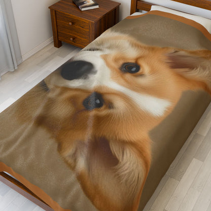 Smiling Corgi Face Velveteen Plush Blanket | Dog Portrait Throw