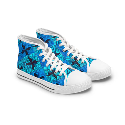 Blue Floral Wave Pattern Women's High Top Sneakers | Tropical Hibiscus Swim