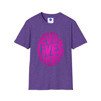 Evil Lives Here Halloween T-shirt, Spooky Retro Style, Mens