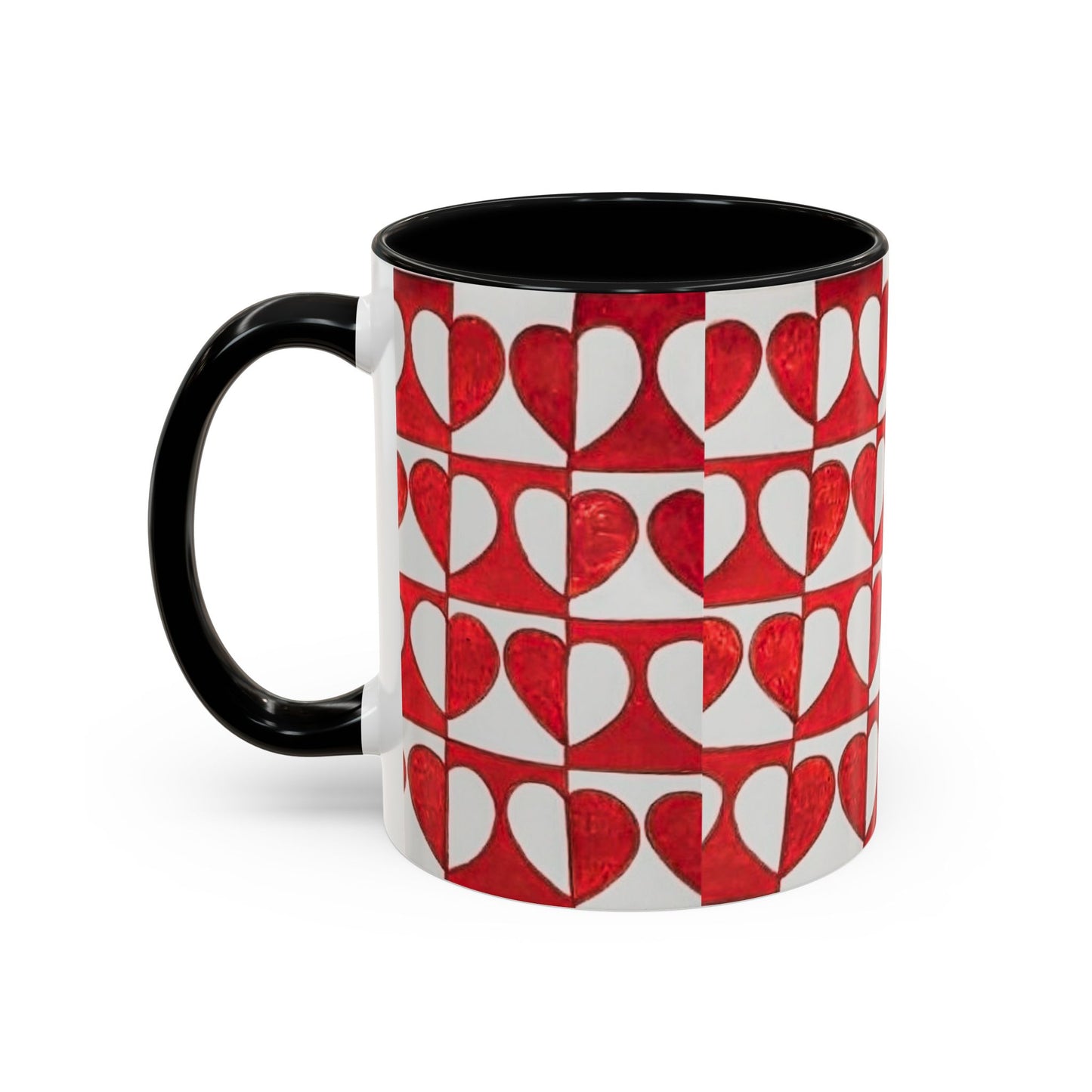 Red Heart Pattern Accent Coffee Mug | Checkerboard Valentine Ceramic Mug