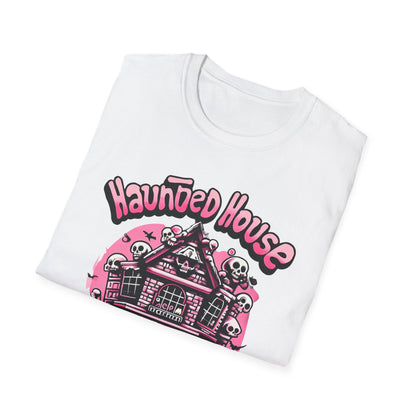 Haunted House Halloween T-Shirt  Pink Spooky Gothic Unisex Softstyle T-Shirt Men Women Teen College Student Highschool
