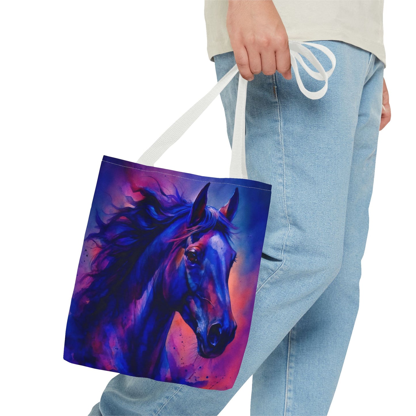 Bold Horse Tote Bag, Vibrant Blue & Purple Wild Spirit Artwork