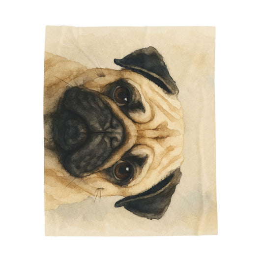Watercolor Pug Face Velveteen Plush Blanket | Cozy Dog Throw
